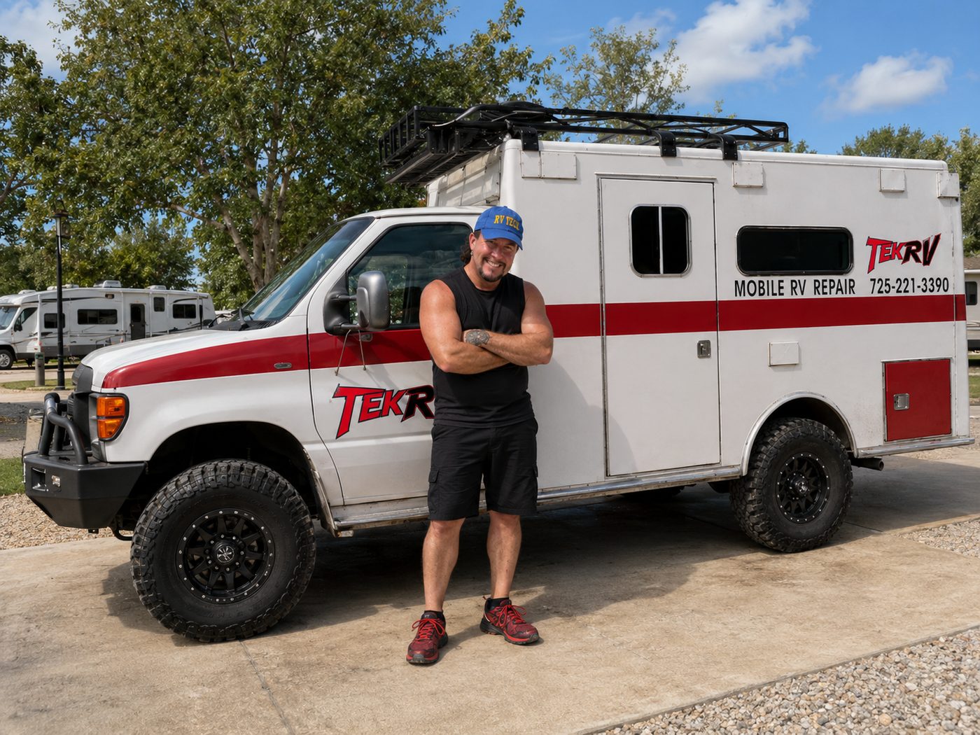 Steve Hurwitz, certified mobile RV technician, arms crossed in front of Alice — TekRV's converted 4x4 ambulance service truck — at a Las Vegas RV park.